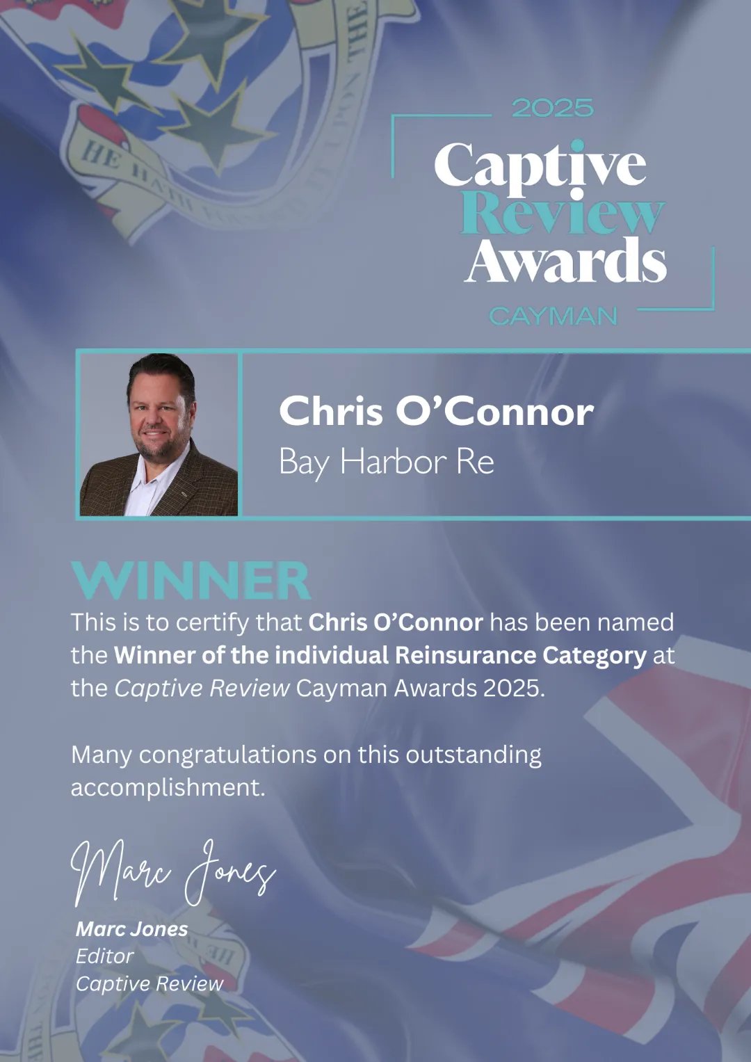 Chris O'Connor named winner of individual Reinsurance Firm category at Captive Review Cayman Awards 2025