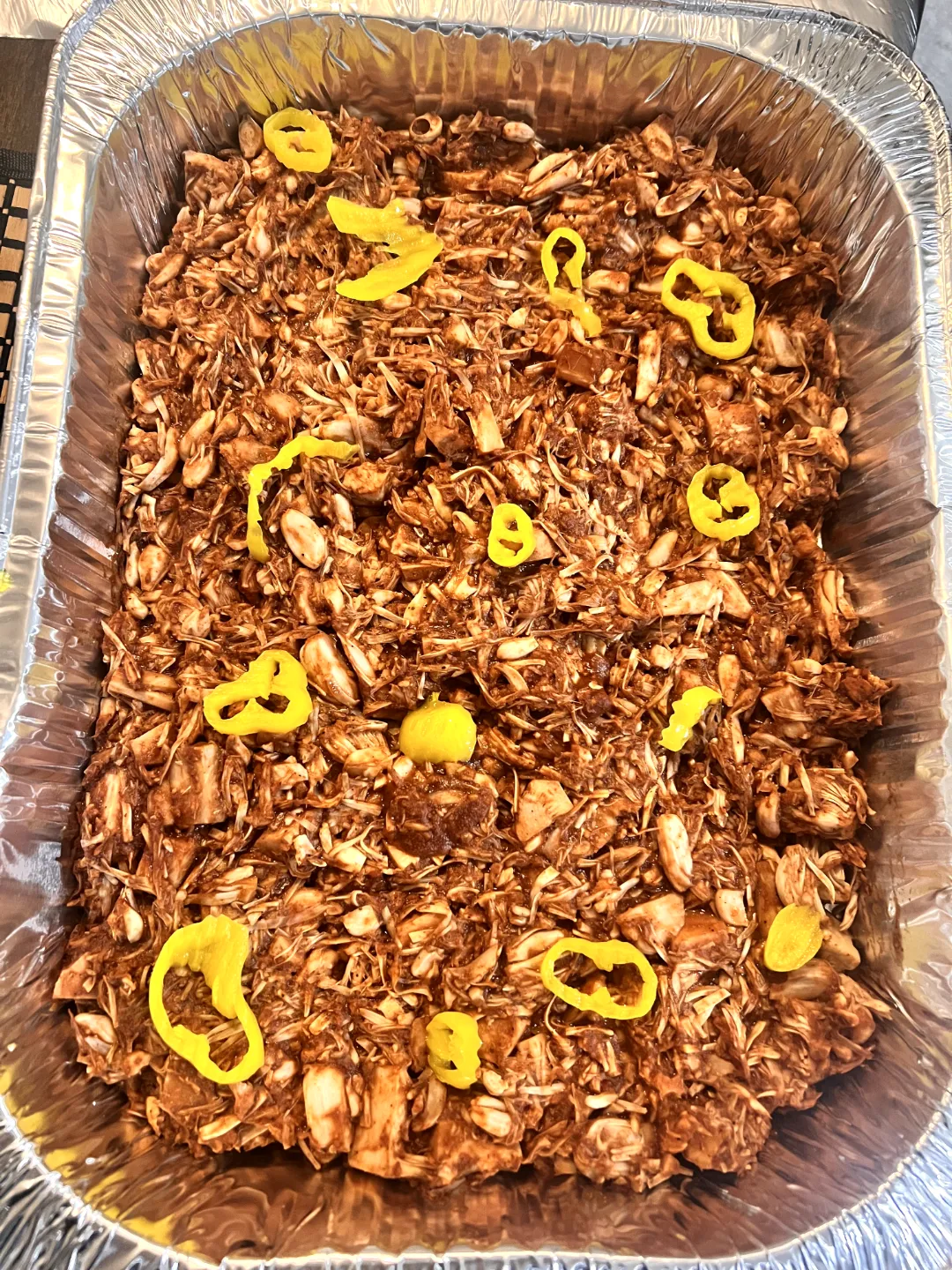 Party tray of vegan BBQ jackfruit